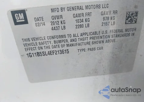 2014 Chevrolet Malibu 1Ls z USA, uszkodzony, nr VIN 1G11B5SL4EF213615